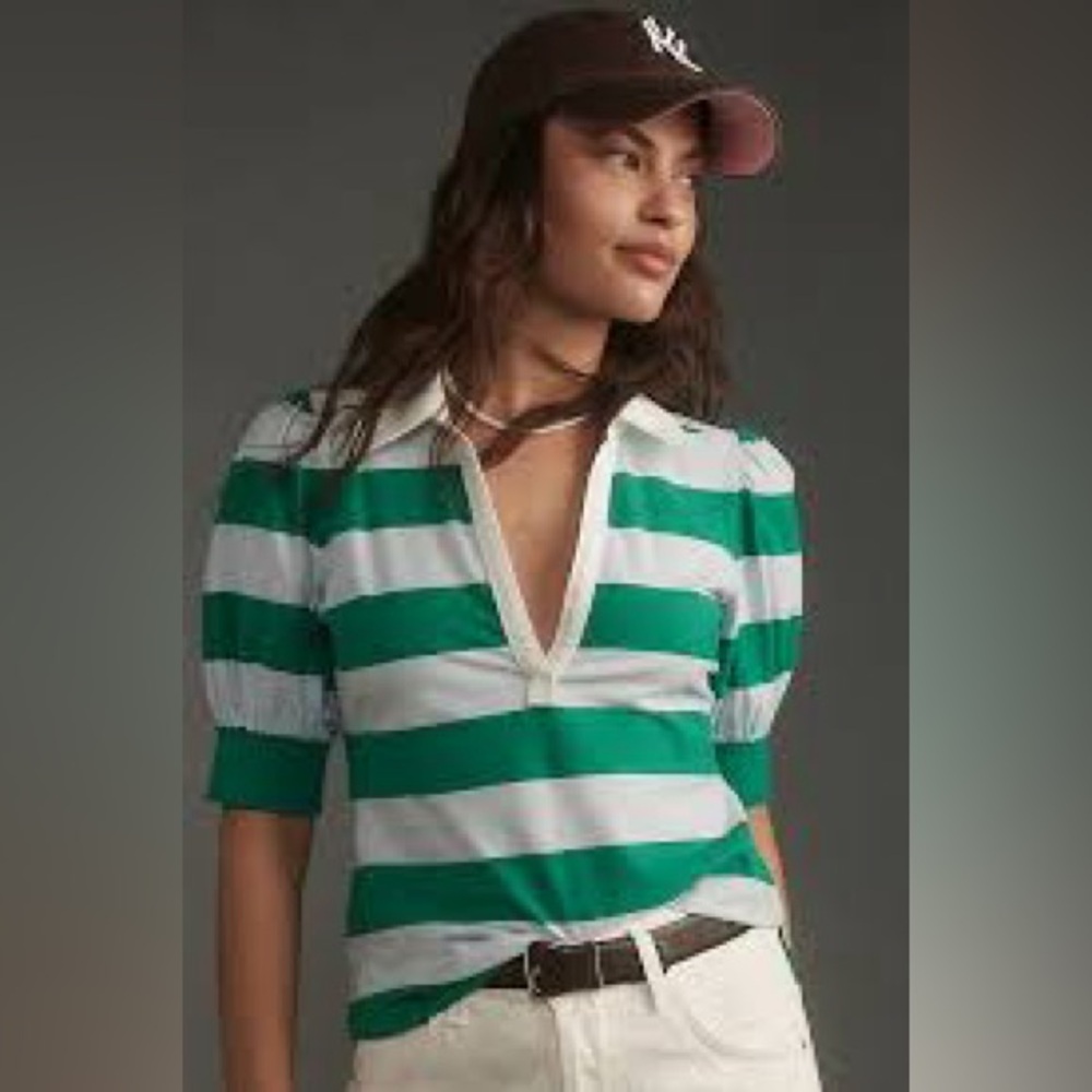 Green & White Striped Polo Top - Women's Casual Shirt